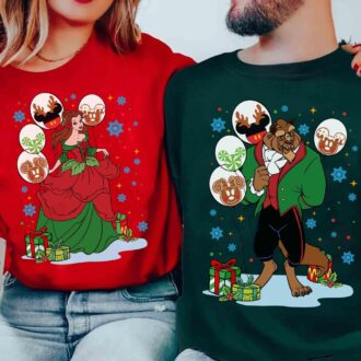 Disney Couple Christmas Matching Shirt for Him and Her, Beauty and the Beast Christmas Sweatshirt
