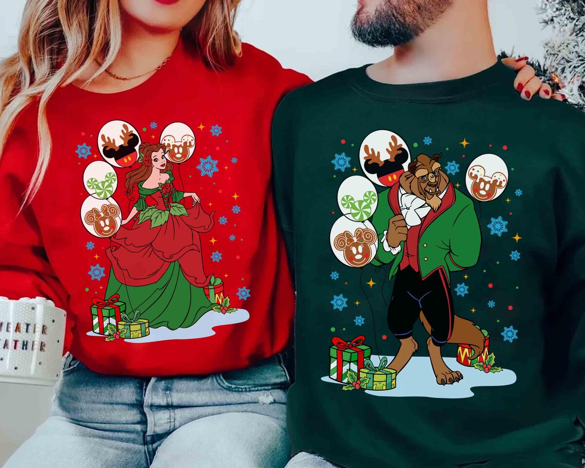 Disney Couple Christmas Matching Shirt for Him and Her, Beauty and the Beast Christmas Sweatshirt