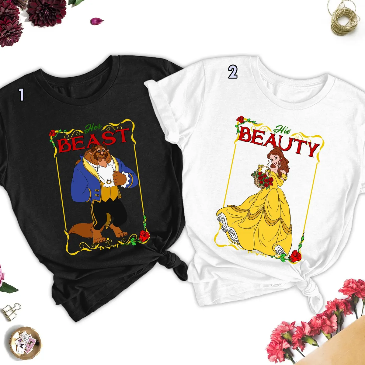 Valentine's Day Beauty and the Beast Shirts, His and Hers Romantic Couple Shirts for Honeymoon