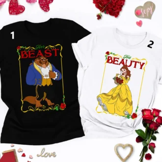 Valentine's Day Beauty and the Beast Shirts, His and Hers Romantic Couple Shirts for Honeymoon