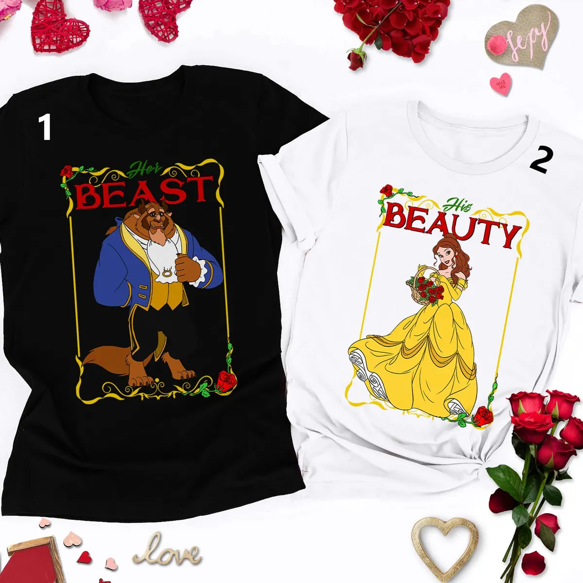 Valentine's Day Beauty and the Beast Shirts, His and Hers Romantic Couple Shirts for Honeymoon