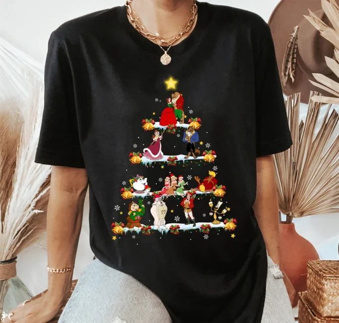 Disney Beauty And The Beast Christmas Tree Lights Family Matching Shirts