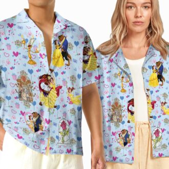 Disney Couple Hawaii Aloha Shirt For Men And Women, Beauty And The Beast Valentine's Day