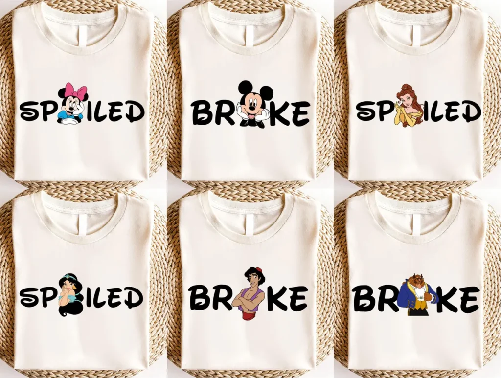 Disney Spoiled and Broke T-Shirt – Aurora, Philip, Mickey, Minnie, Belle, Beast Characters