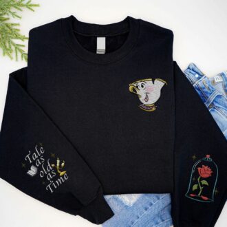 Embroidered Beauty and the Beast Chip Sweatshirt with Enchanted Rose Design