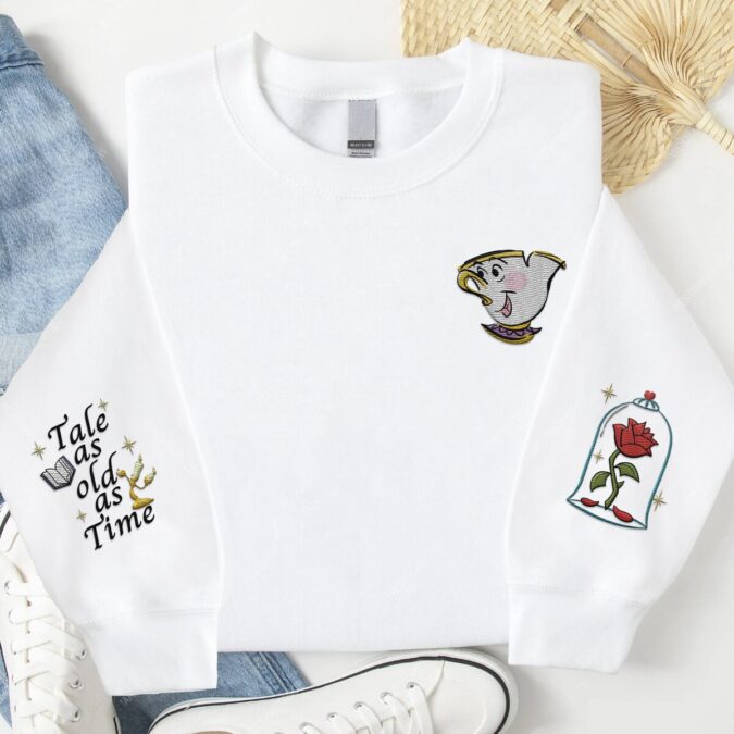 Embroidered Beauty and the Beast Chip Sweatshirt with Enchanted Rose Design