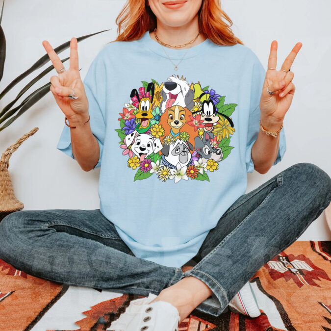 Disney Floral Dogs T-Shirt – Dalmatian, Pluto & Lady and The Tramp Shirt for Disney Fans