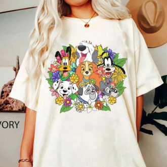 Disney Floral Dogs T-Shirt – Dalmatian, Pluto & Lady and The Tramp Shirt for Disney Fans