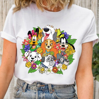 Disney Floral Dogs T-Shirt – Dalmatian, Pluto & Lady and The Tramp Shirt for Disney Fans
