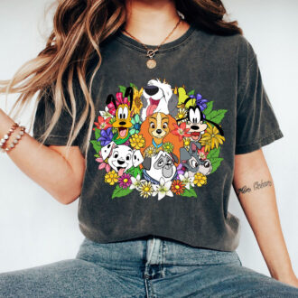 Disney Floral Dogs T-Shirt – Dalmatian, Pluto & Lady and The Tramp Shirt for Disney Fans