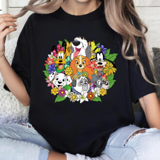 Disney Floral Dogs T-Shirt – Dalmatian, Pluto & Lady and The Tramp Shirt for Disney Fans