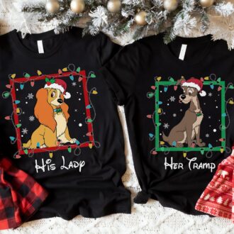 Disney Lady and the Tramp Christmas Lights Shirt, His and Her Matching Christmas Tees for Couples