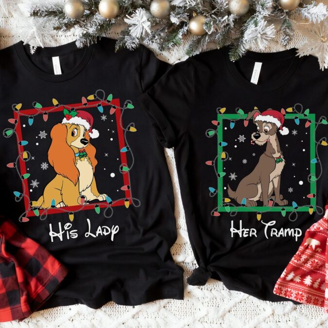 Disney Lady and the Tramp Christmas Lights Shirt, His and Her Matching Christmas Tees for Couples