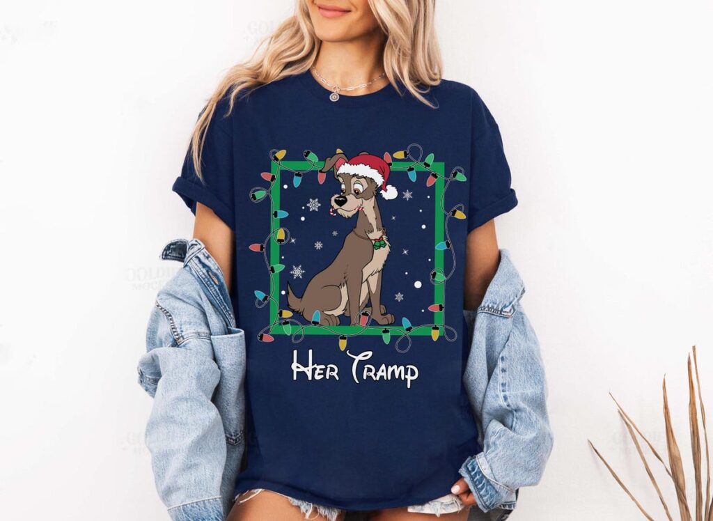 Disney Lady and the Tramp Christmas Lights Shirt, His and Her Matching Christmas Tees for Couples