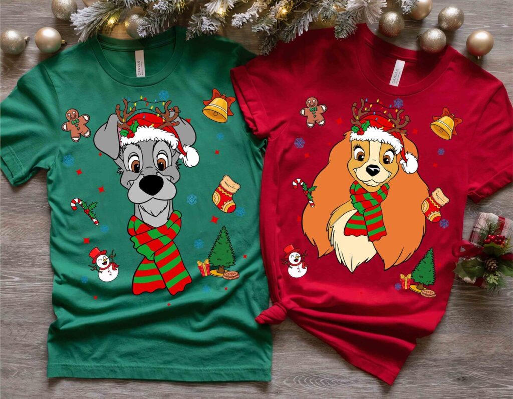 Disney Lady and the Tramp Christmas Shirt, Santa Reindeer Xmas Family Matching Shirt for Disneyland