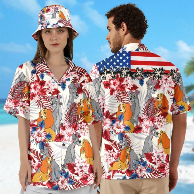 Lady & The Tramp 4th of July Hawaiian Shirt, Summer Vacation Cartoon Dog Gift for Couples