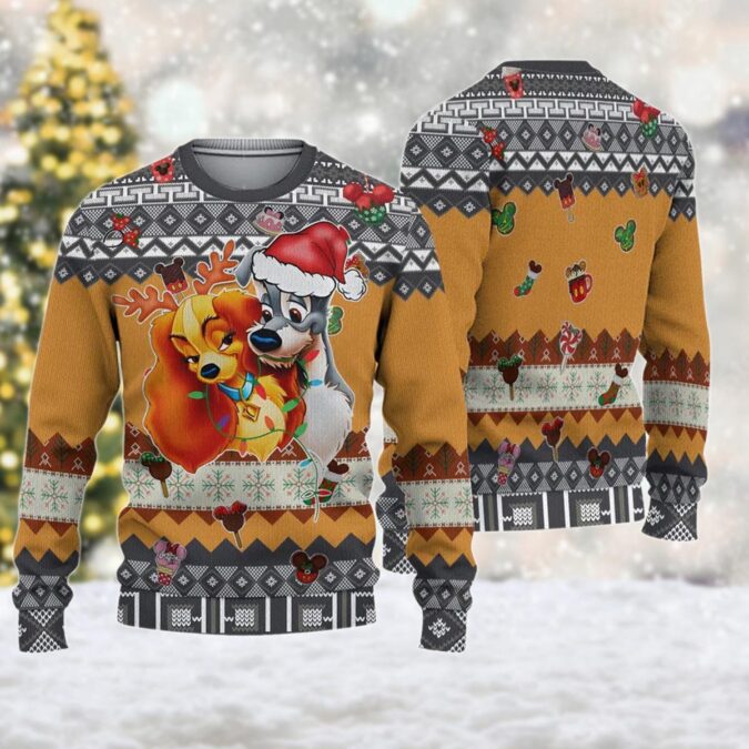 Lady and the Tramp Christmas Ugly Sweater, Cartoon Couple Xmas Shirt, Magic Kingdom Holiday Gift