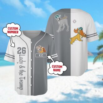 Personalized Lady and the Tramp Baseball Jersey, Custom Cartoon Dog Couple Shirt for Kids & Adults
