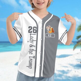 Personalized Lady and the Tramp Baseball Jersey, Custom Cartoon Dog Couple Shirt for Kids & Adults