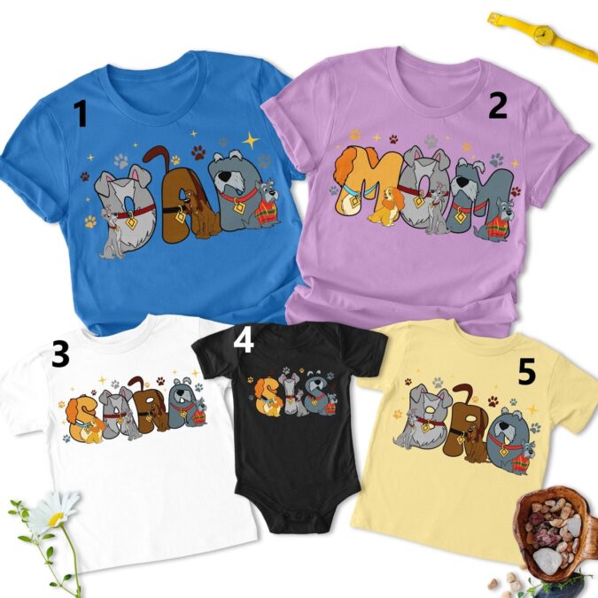 Personalized Lady and the Tramp Shirt, Custom Cartoon Dog Couple Tee for Family Parties
