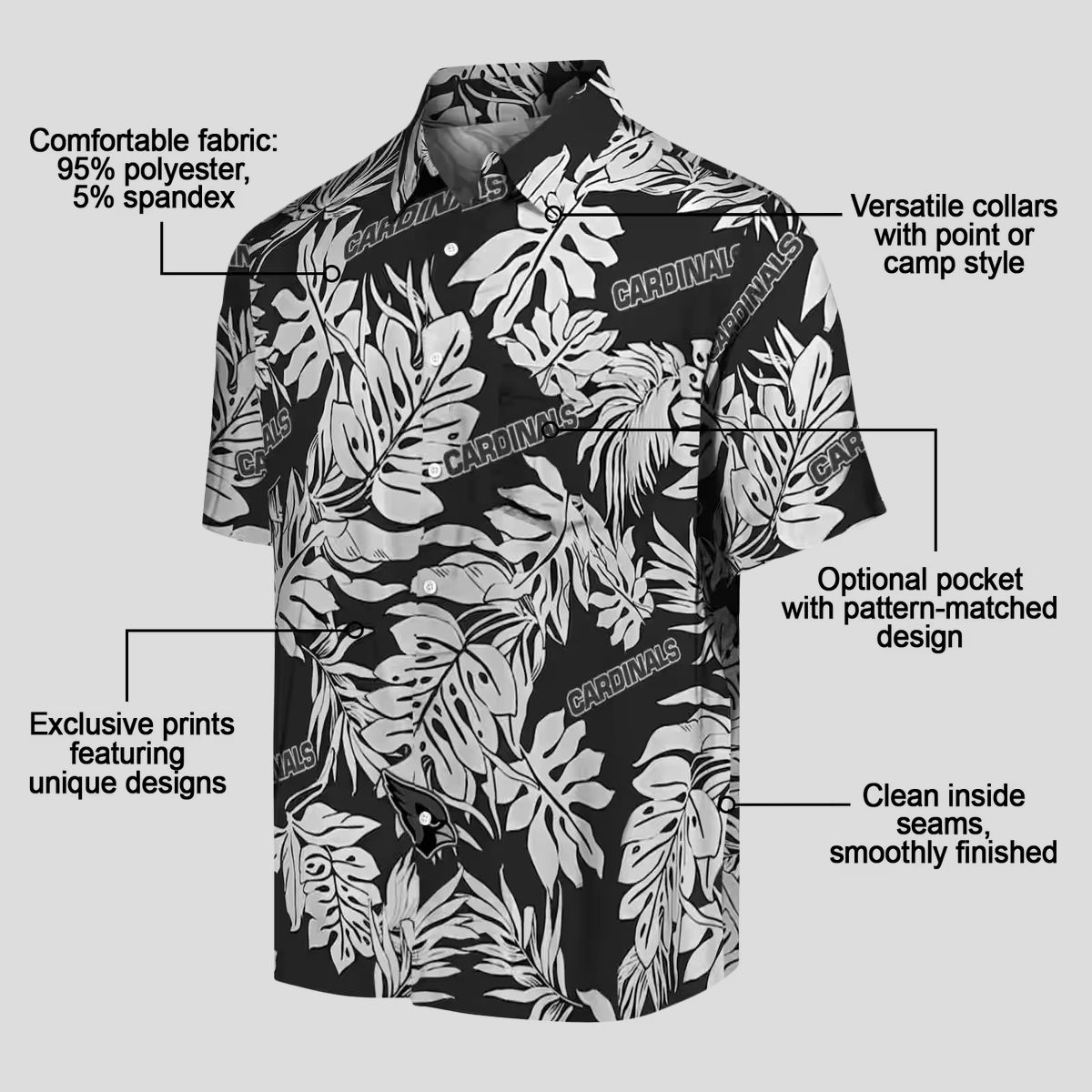 Arizona Cardinals Black Hawaiian Shirt for Summer - Monstera Leaf Pattern