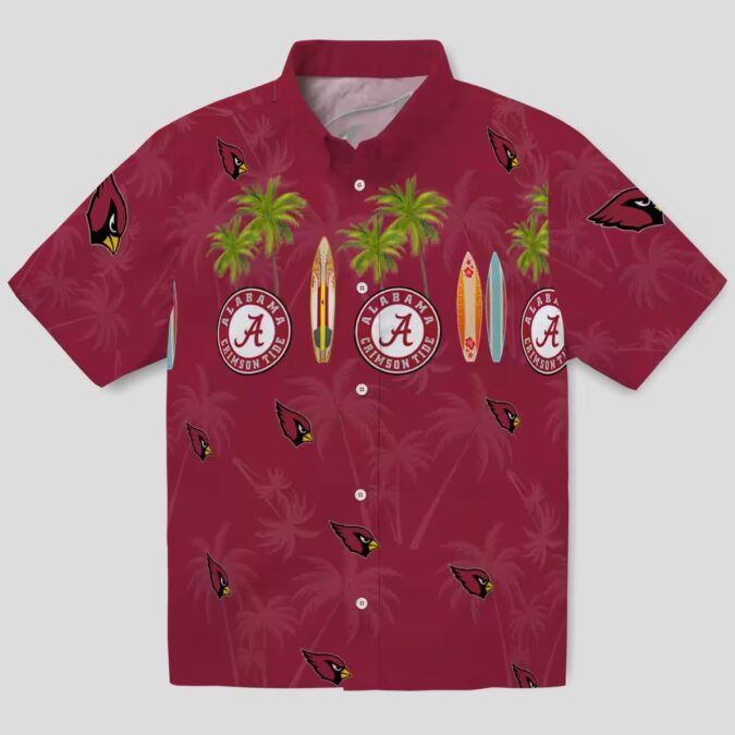 Arizona Cardinals Red Hawaiian Button Up Shirt - Surfboard & Palm Trees