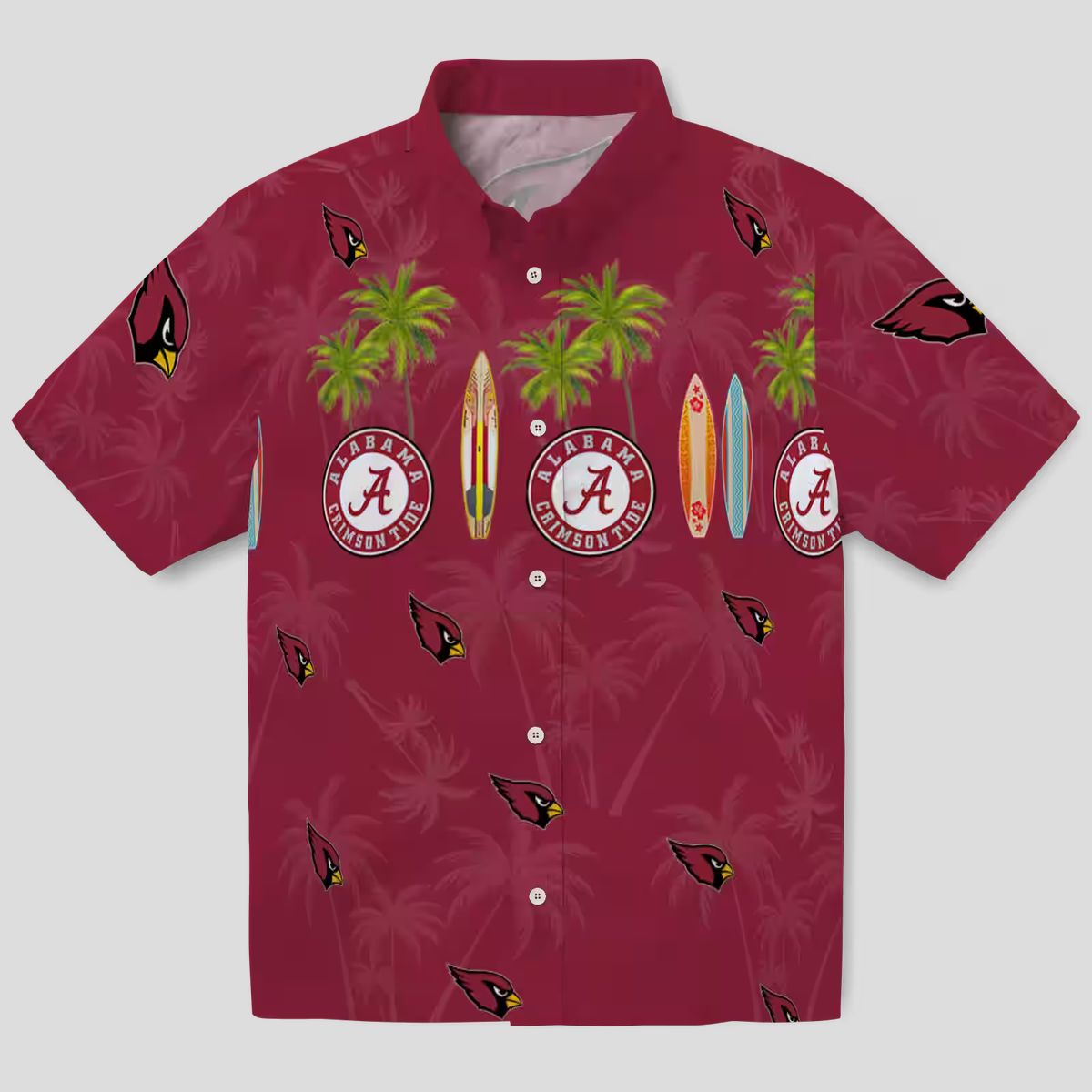 Arizona Cardinals Red Hawaiian Button Up Shirt - Surfboard & Palm Trees