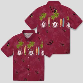 Arizona Cardinals Red Hawaiian Button Up Shirt - Surfboard & Palm Trees