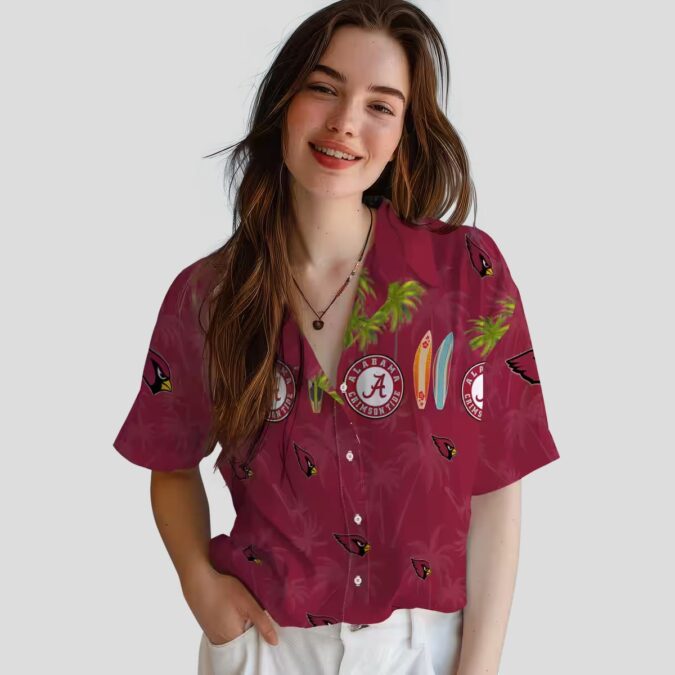 Arizona Cardinals Red Hawaiian Button Up Shirt - Surfboard & Palm Trees