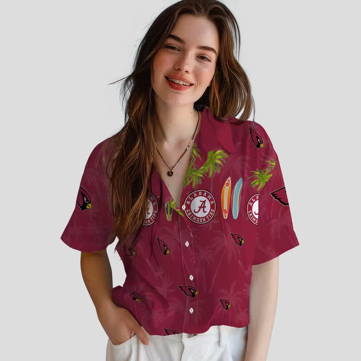 Arizona Cardinals Red Hawaiian Button Up Shirt - Surfboard & Palm Trees