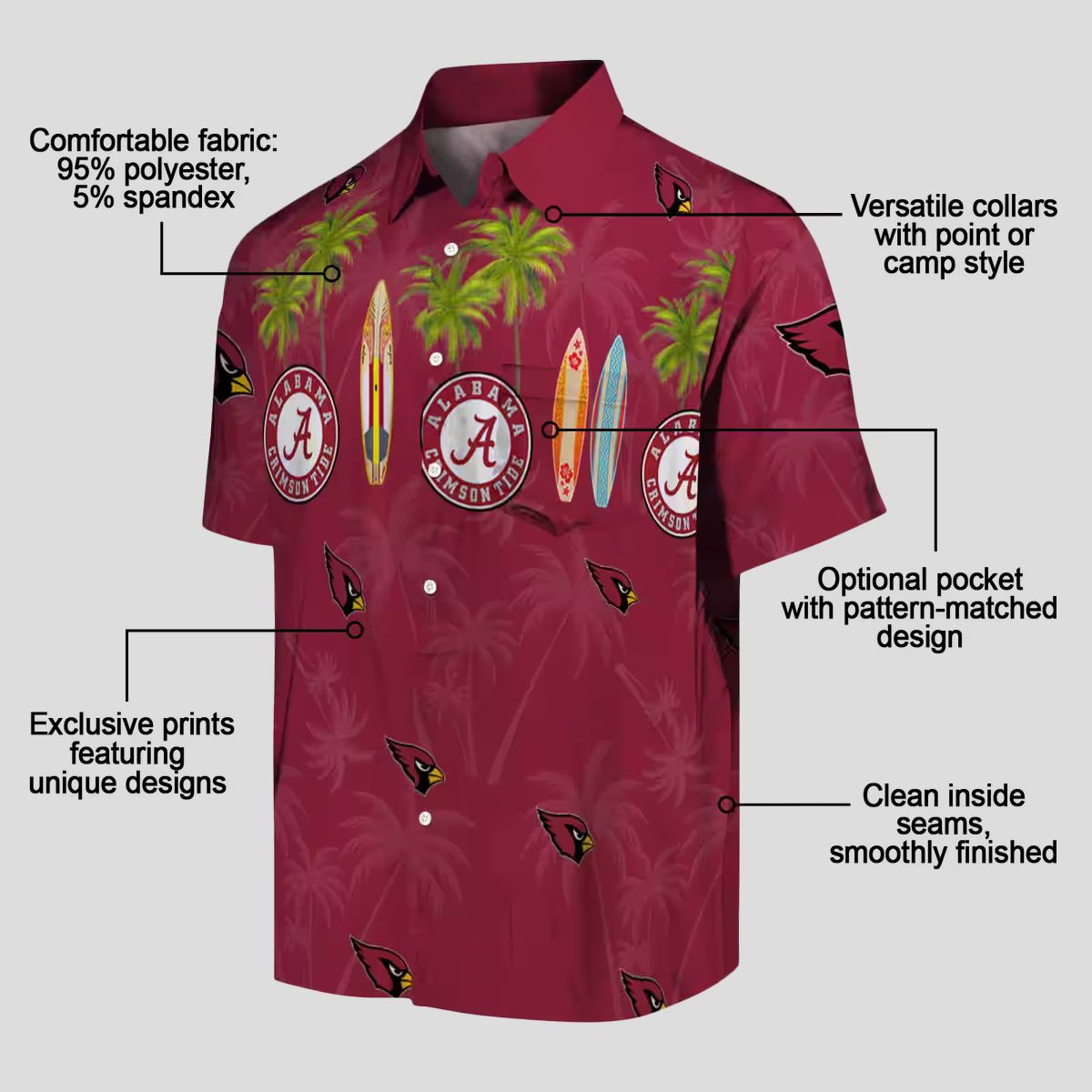 Arizona Cardinals Red Hawaiian Button Up Shirt - Surfboard & Palm Trees