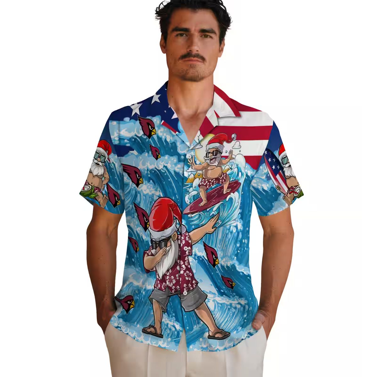 Surfing Santa Arizona Cardinals Blue Hawaiian Shirt, Summer Beach Vacation