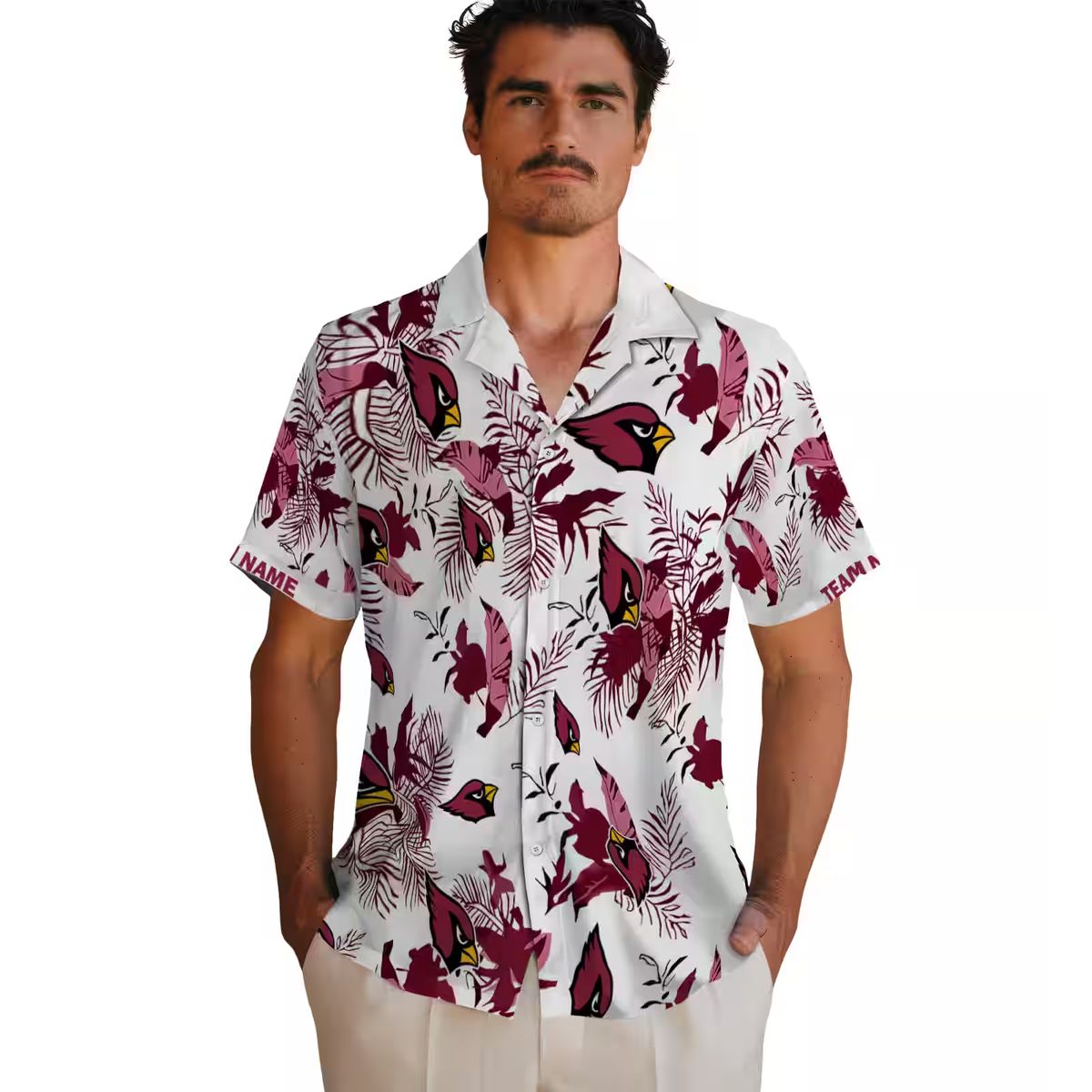 Botanical Red White Hawaiian Shirt, Personalized Cardinals Team Shirt
