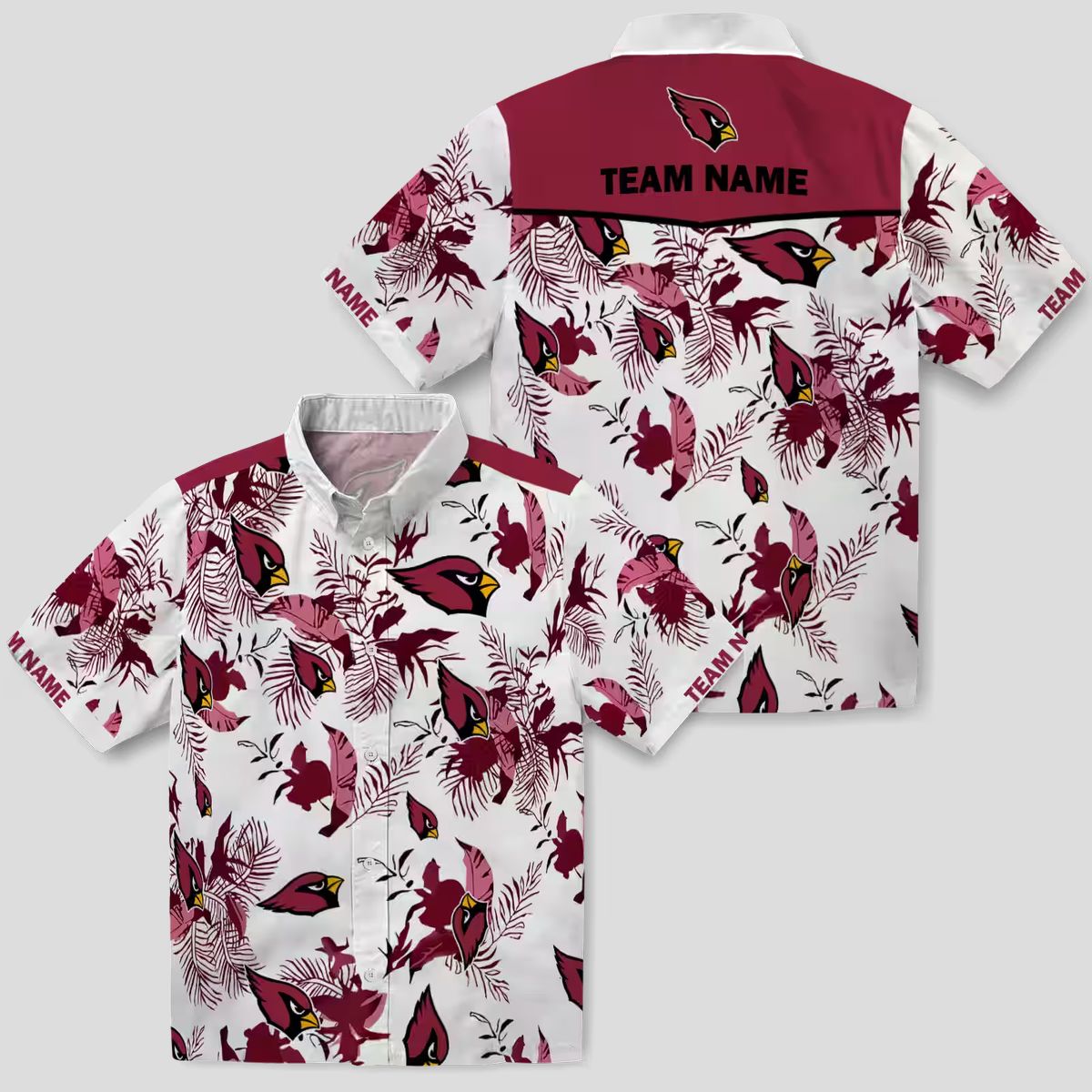 Botanical Red White Hawaiian Shirt, Personalized Cardinals Team Shirt