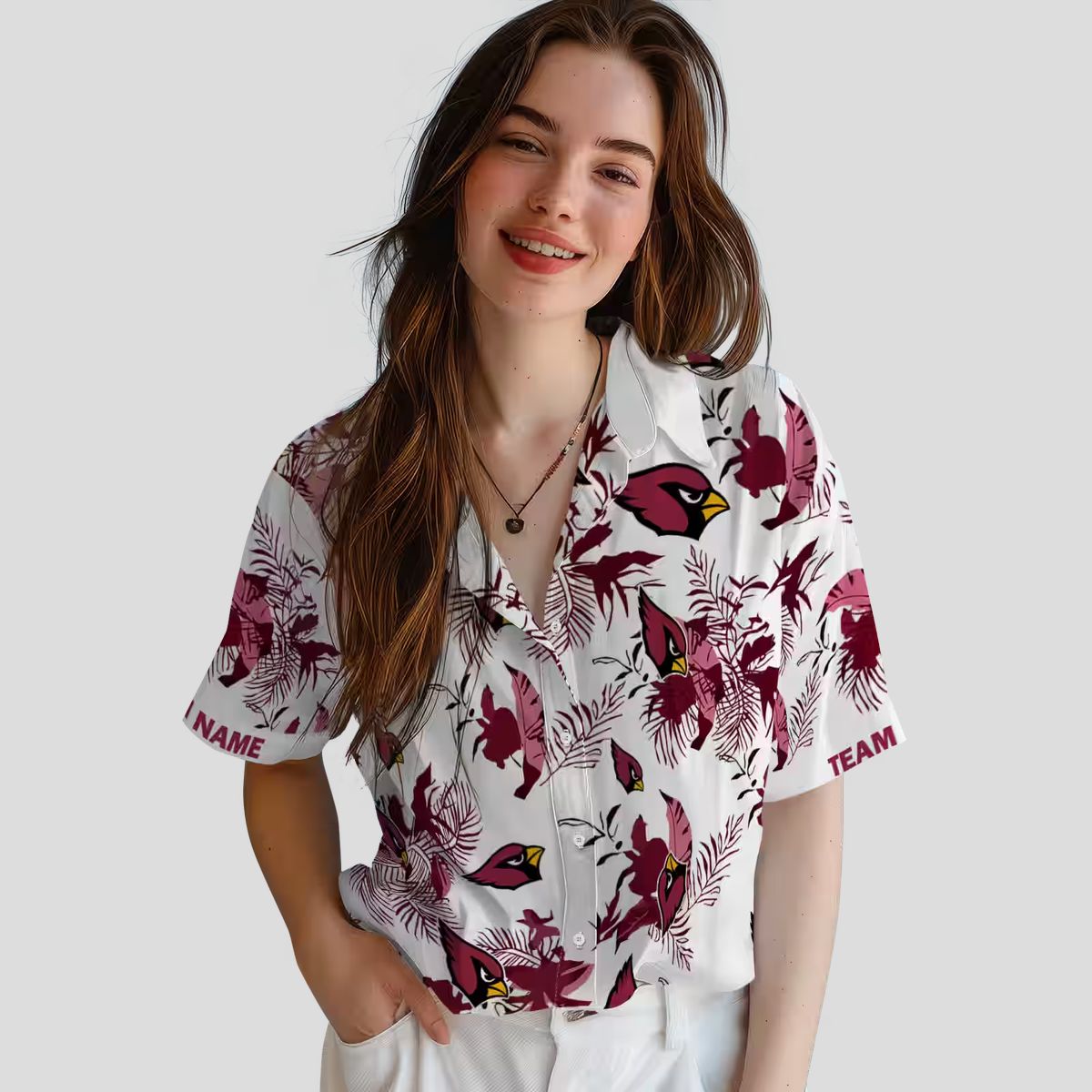 Botanical Red White Hawaiian Shirt, Personalized Cardinals Team Shirt