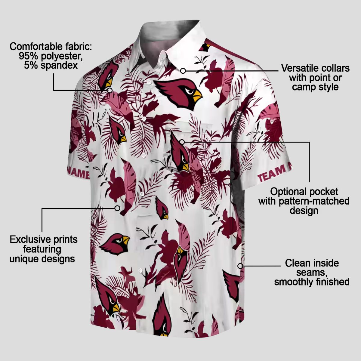 Botanical Red White Hawaiian Shirt, Personalized Cardinals Team Shirt