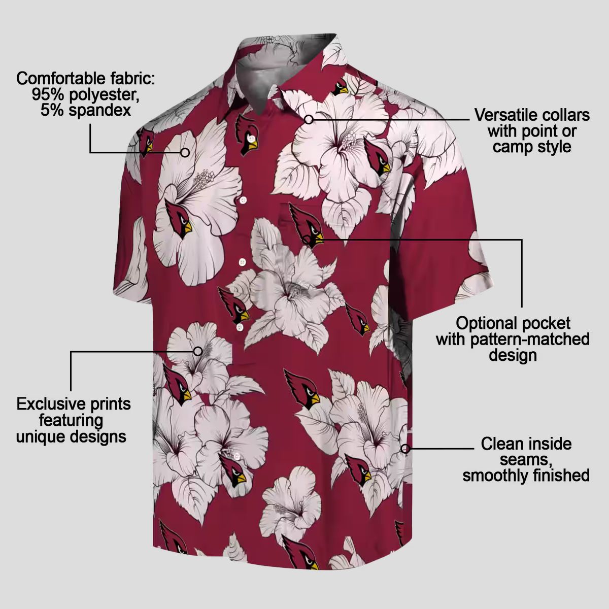 Red White Hibiscus Blooms Hawaiian Summer Shirt for Arizona Cardinals Fans
