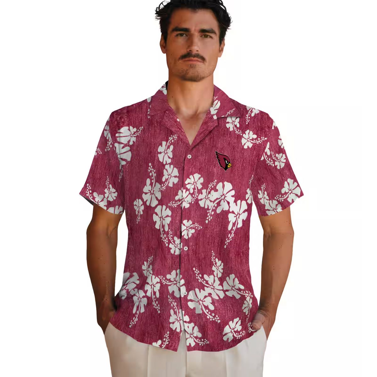 Women's Red Hibiscus Clusters Hawaiian Shirt with Cardinals Logo