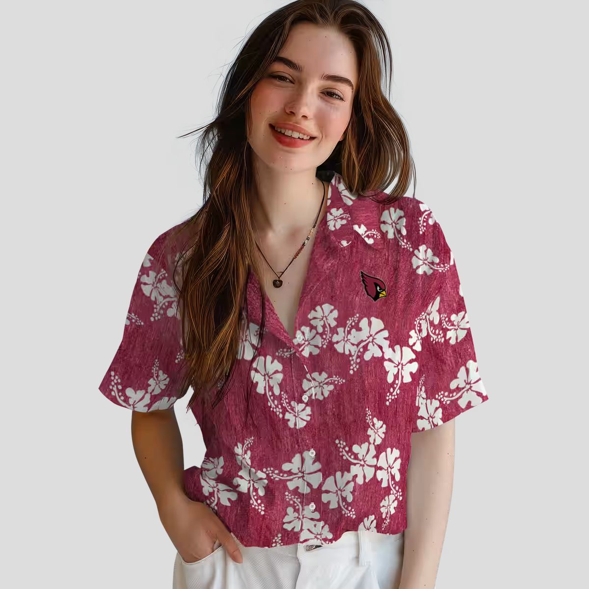 Women's Red Hibiscus Clusters Hawaiian Shirt with Cardinals Logo