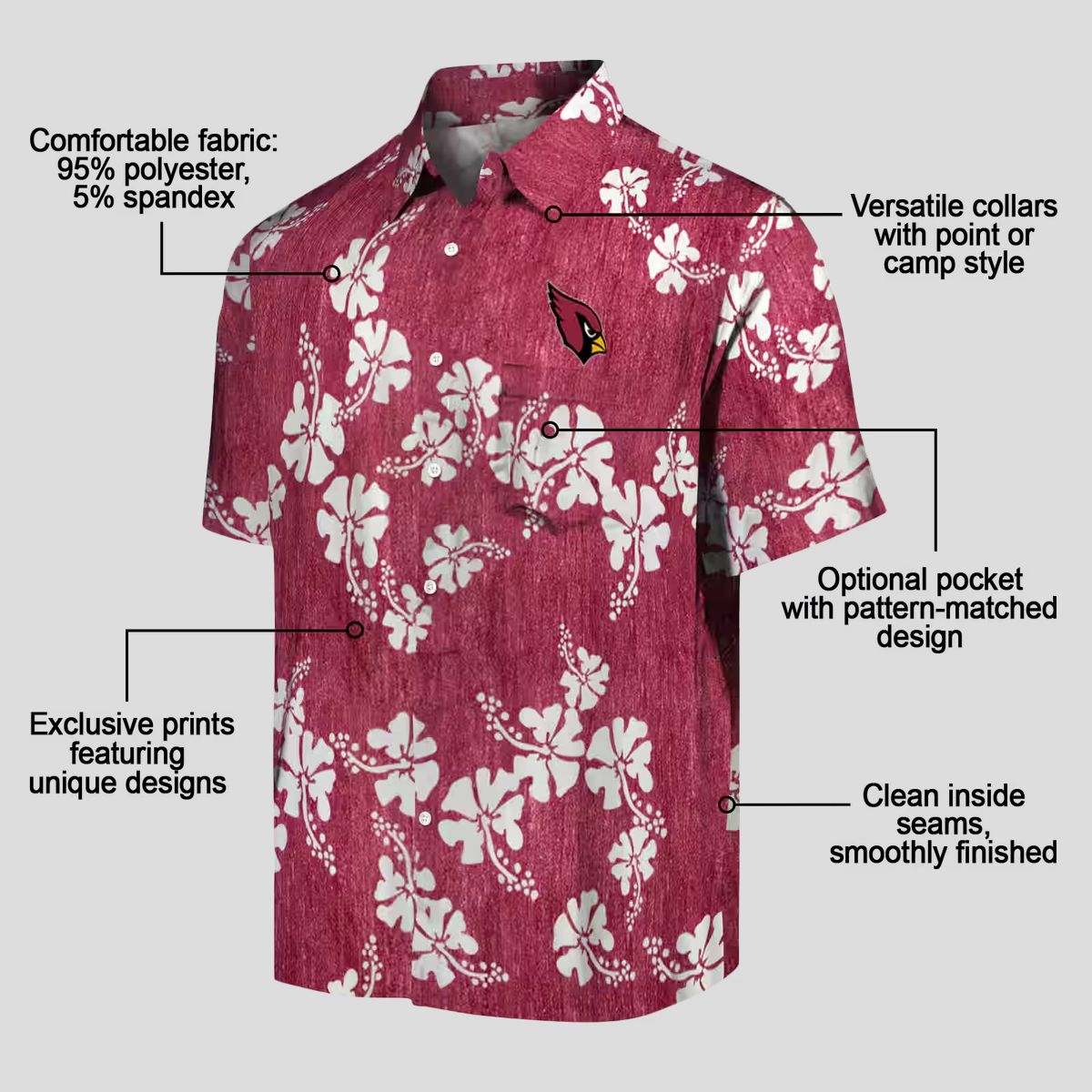 Women's Red Hibiscus Clusters Hawaiian Shirt with Cardinals Logo