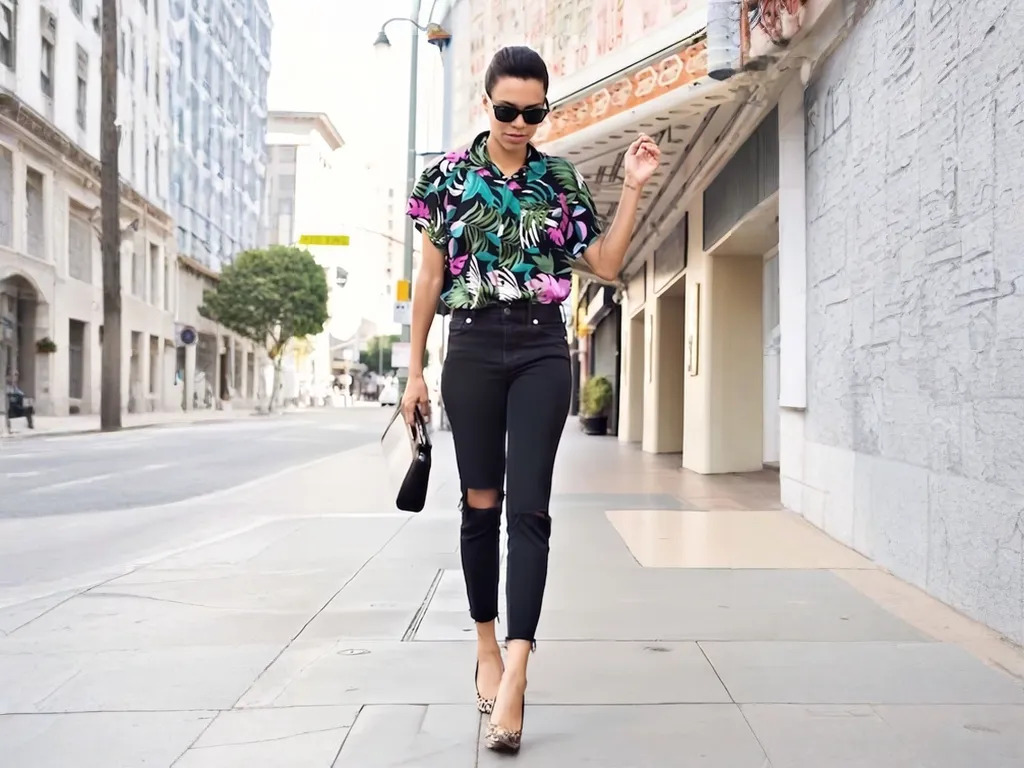 Women’s Hawaiian shirt paired with jeans, perfect for both casual outings and workdays