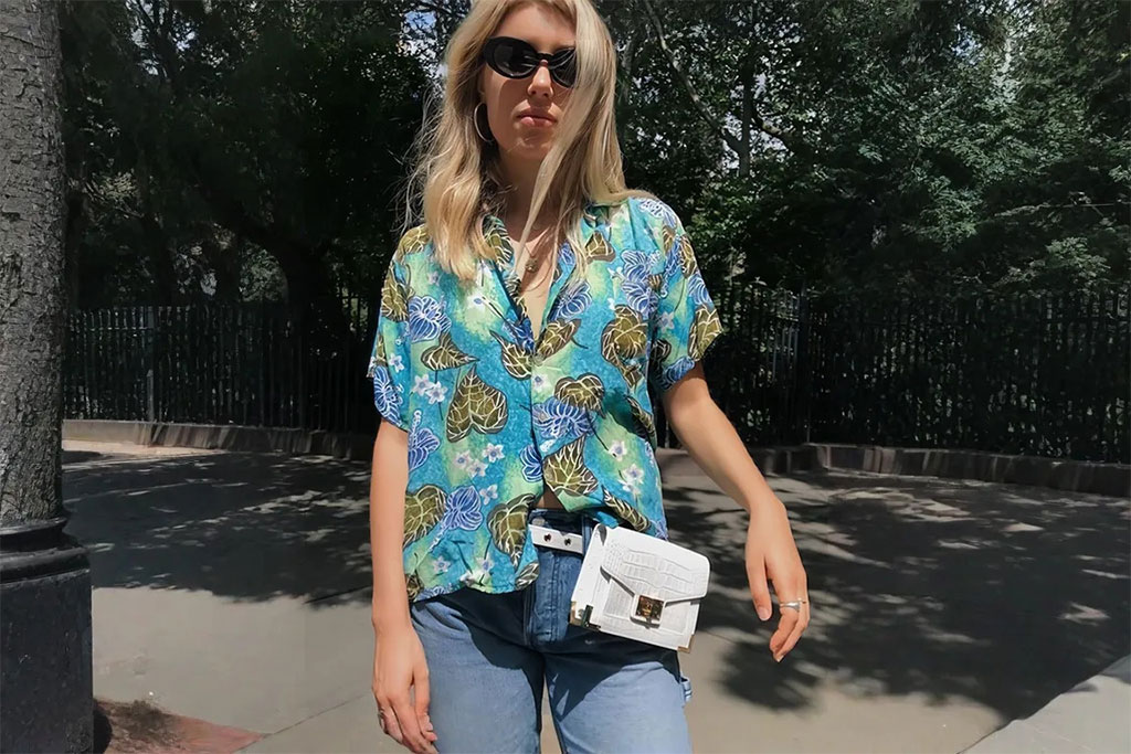 Street Travel Style with a Young Woman in a Hawaiian Shirt.