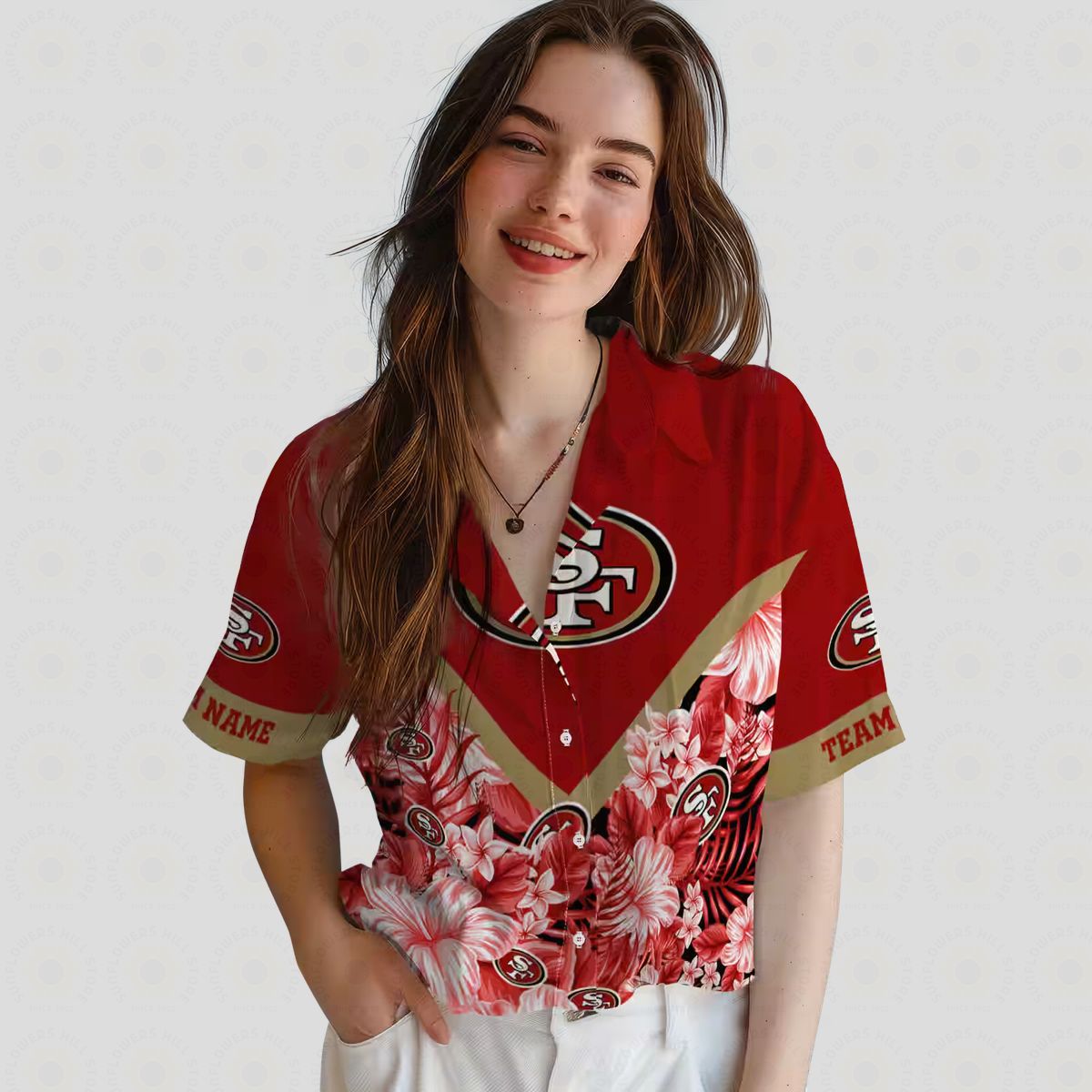 Custom San Francisco 49ers Floral Chevron Red Hawaiian Shirt, Tropical Aloha Summer Beach Shirt