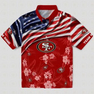 Custom San Francisco 49ers Hawaiian Shirt with US Flag & Hibiscus Red Print
