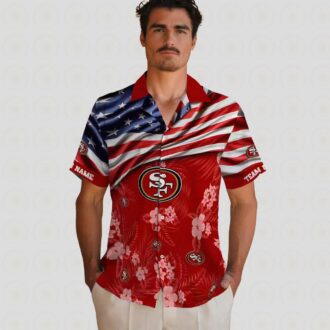 Custom San Francisco 49ers Hawaiian Shirt with US Flag & Hibiscus Red Print
