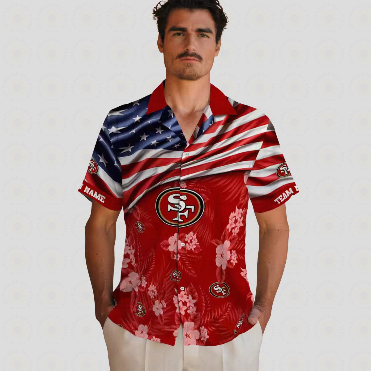 Custom San Francisco 49ers Hawaiian Shirt with US Flag & Hibiscus Red Print
