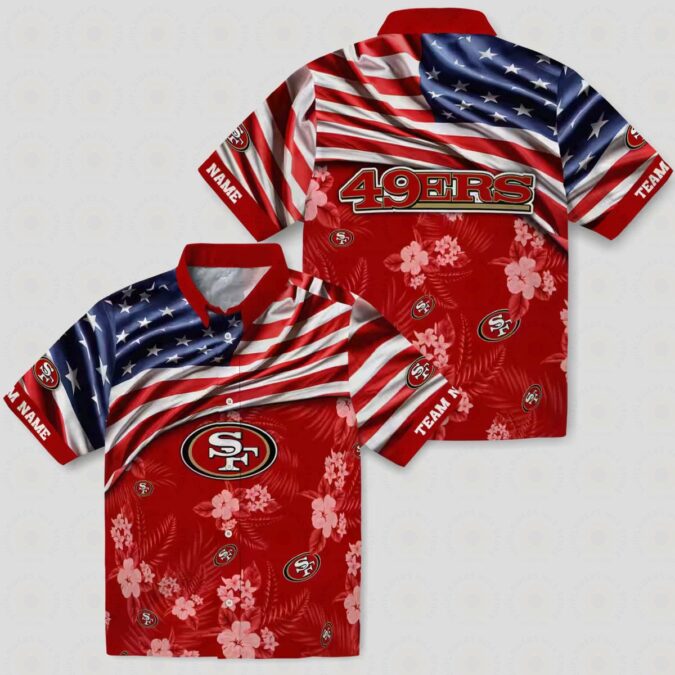 Custom San Francisco 49ers Hawaiian Shirt with US Flag & Hibiscus Red Print