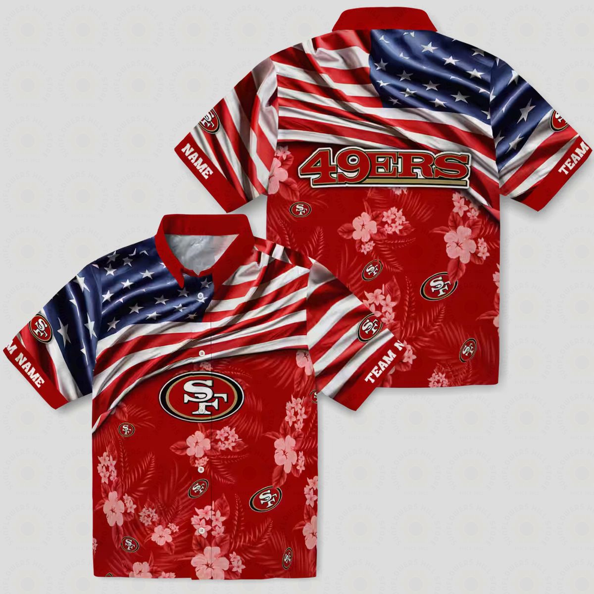 Custom San Francisco 49ers Hawaiian Shirt with US Flag & Hibiscus Red Print