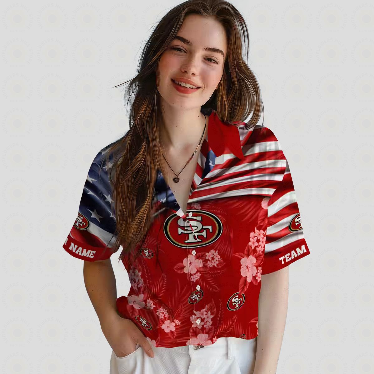Custom San Francisco 49ers Hawaiian Shirt with US Flag & Hibiscus Red Print