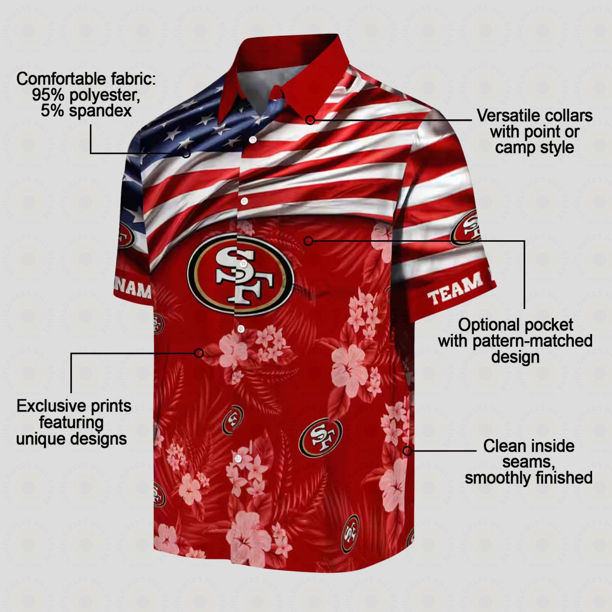 Custom San Francisco 49ers Hawaiian Shirt with US Flag & Hibiscus Red Print